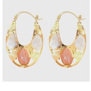 Laminated‎ GoldWomens Tri Tone Gold Color Virgin Mary Hoop Earrings Religious